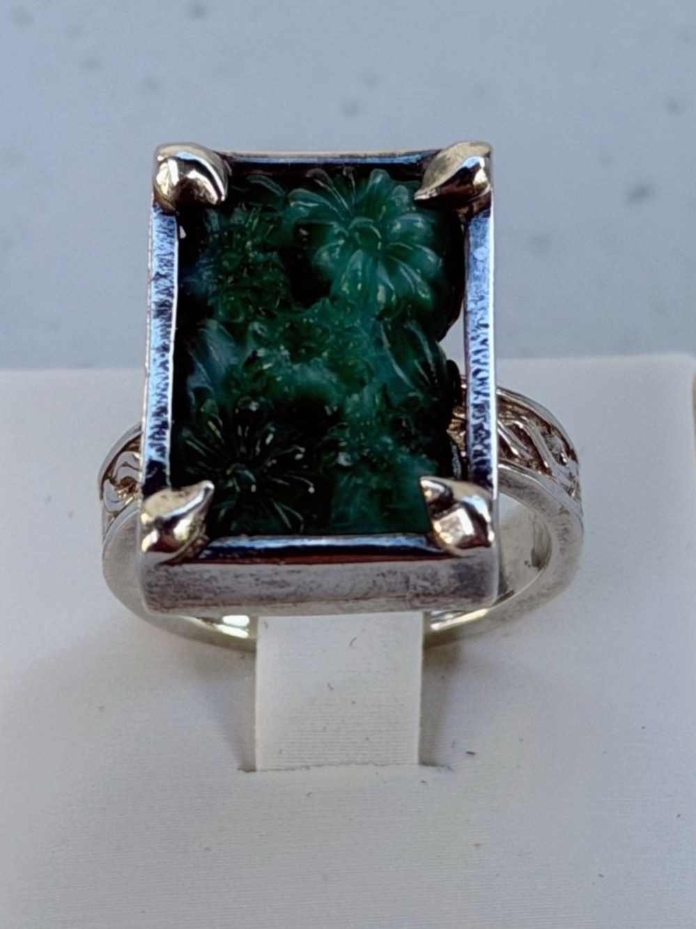 Sterling Silver Green Carved Gemstone Statement Ring